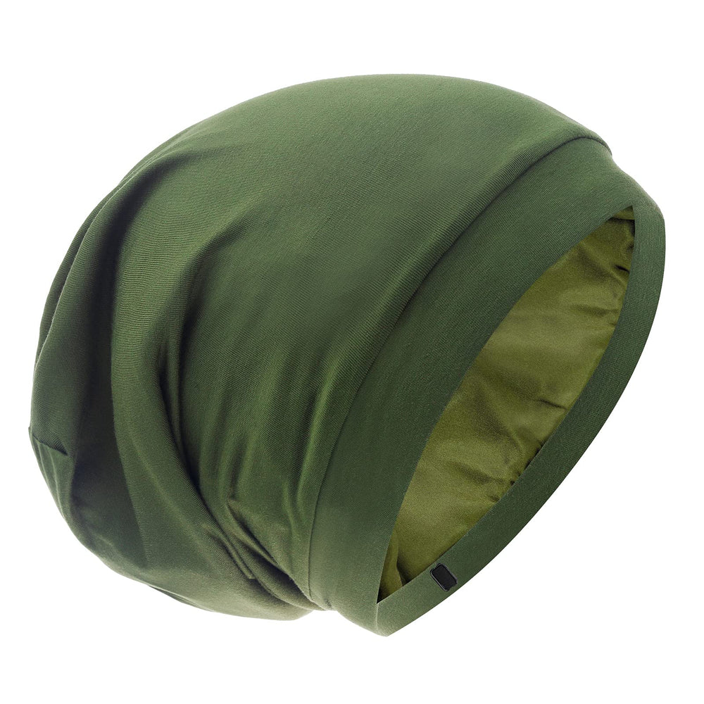 GB Selected silk satin lined bonnet olive green top view protects hair overnight.