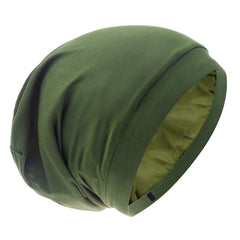 GB Selected silk satin lined bonnet olive green top view protects hair overnight.
