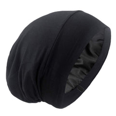 GB Selected silky satin-lined bonnet worn on head for secure, slip-free sleep