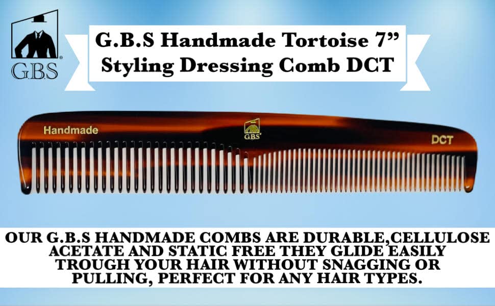 GBS GENTS 7 Inch tortoise hair comb, teeth detail, gentle low-static styling