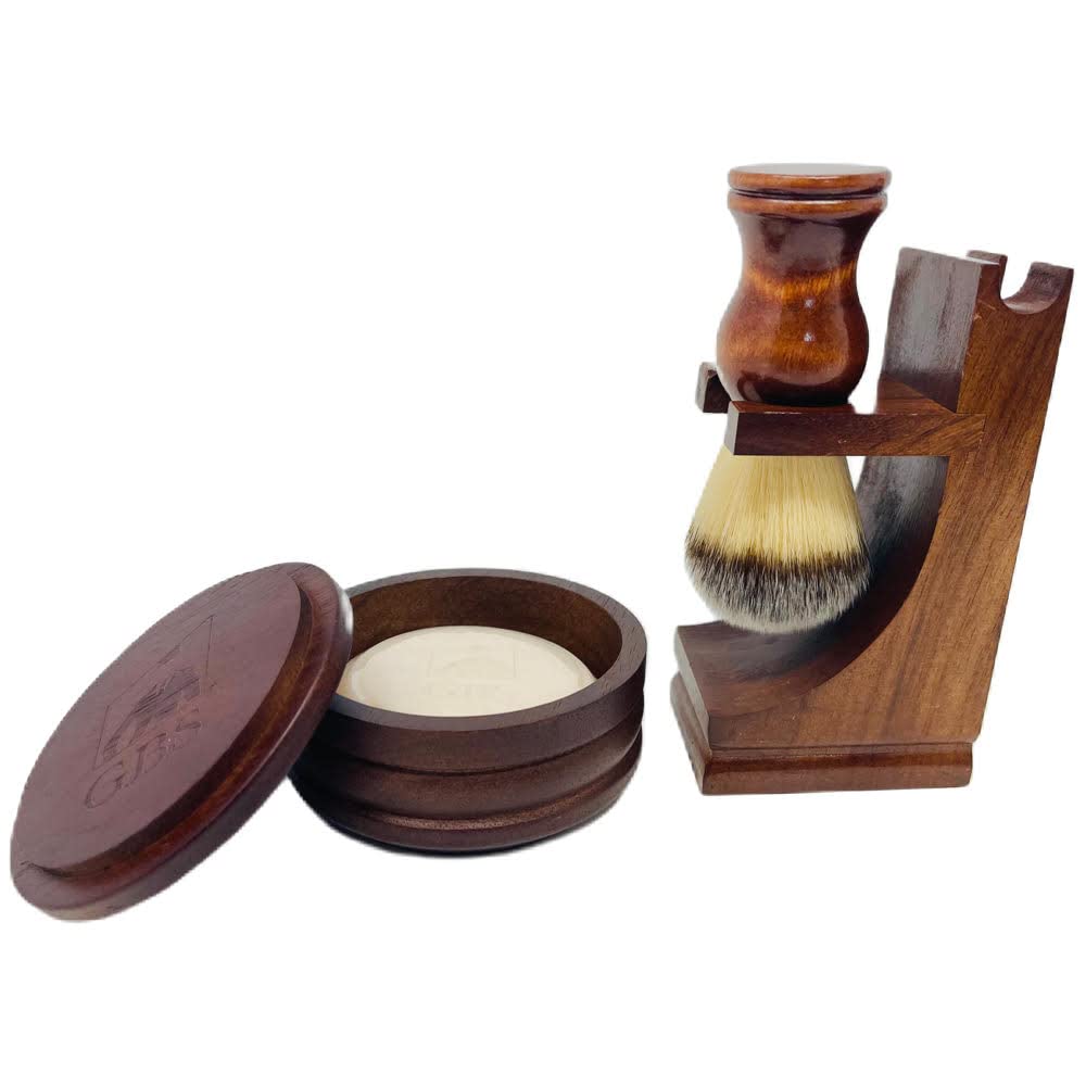 G.B.S GENTS shaving brush close-up showing vegan bristles for gentle, long-lasting lather.