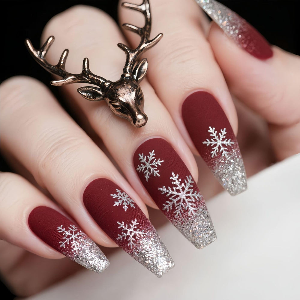 GCSQW Christmas nails with snowflake design in wine red for festive look