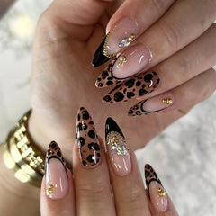 GCSQW leopard press-on nails almond shape with glossy French tip for quick glam.