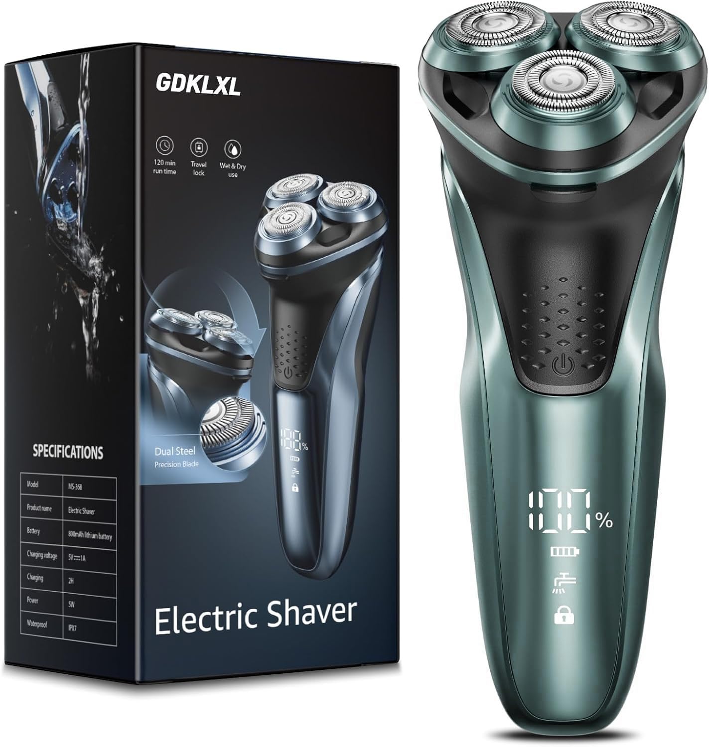 GDKLXL rechargeable electric razor bright blue front view with 4D blades for wet and dry shaving