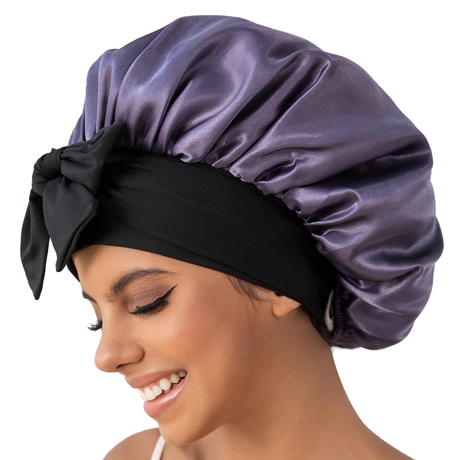 GDTOGRT satin sleep bonnet in use for multi-functional daytime wear