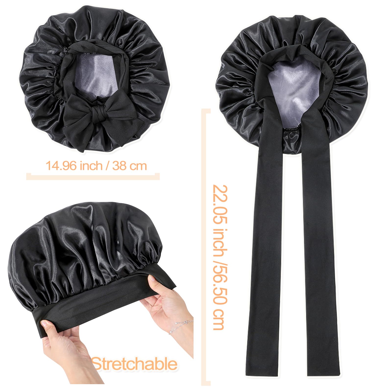 GDTOGRT satin sleep bonnet on head demonstrating secure fit for various hair types