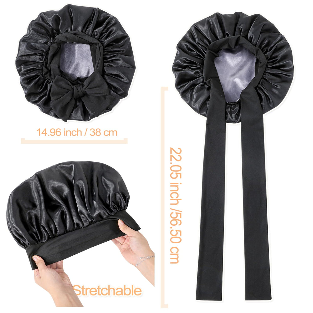 GDTOGRT satin sleep bonnet on head demonstrating secure fit for various hair types