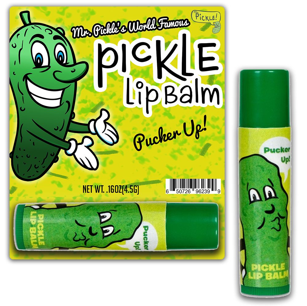 Gears Out Dill Pickle Lip Balm tube shows playful pickle motif for on-the-go lip moisture and playful flavor.