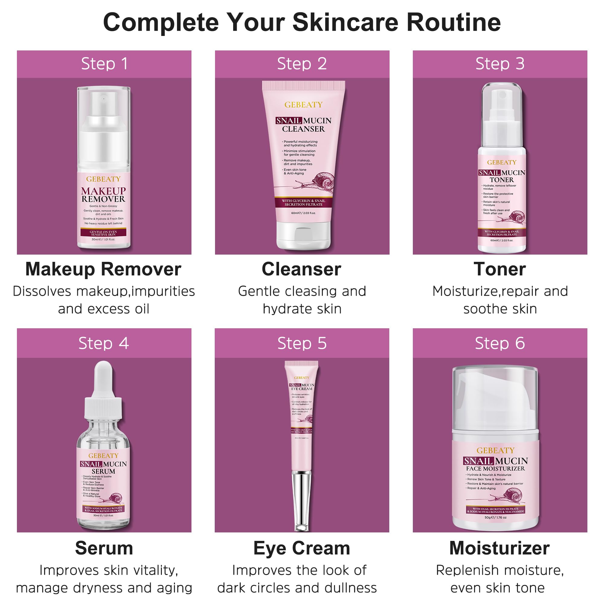 GEBEATY snail mucin kit eye cream soothes delicate under-eye skin.