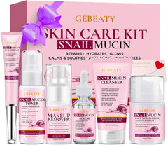 GEBEATY snail mucin kit makeup remover demonstrates gentle cleansing and hydration.