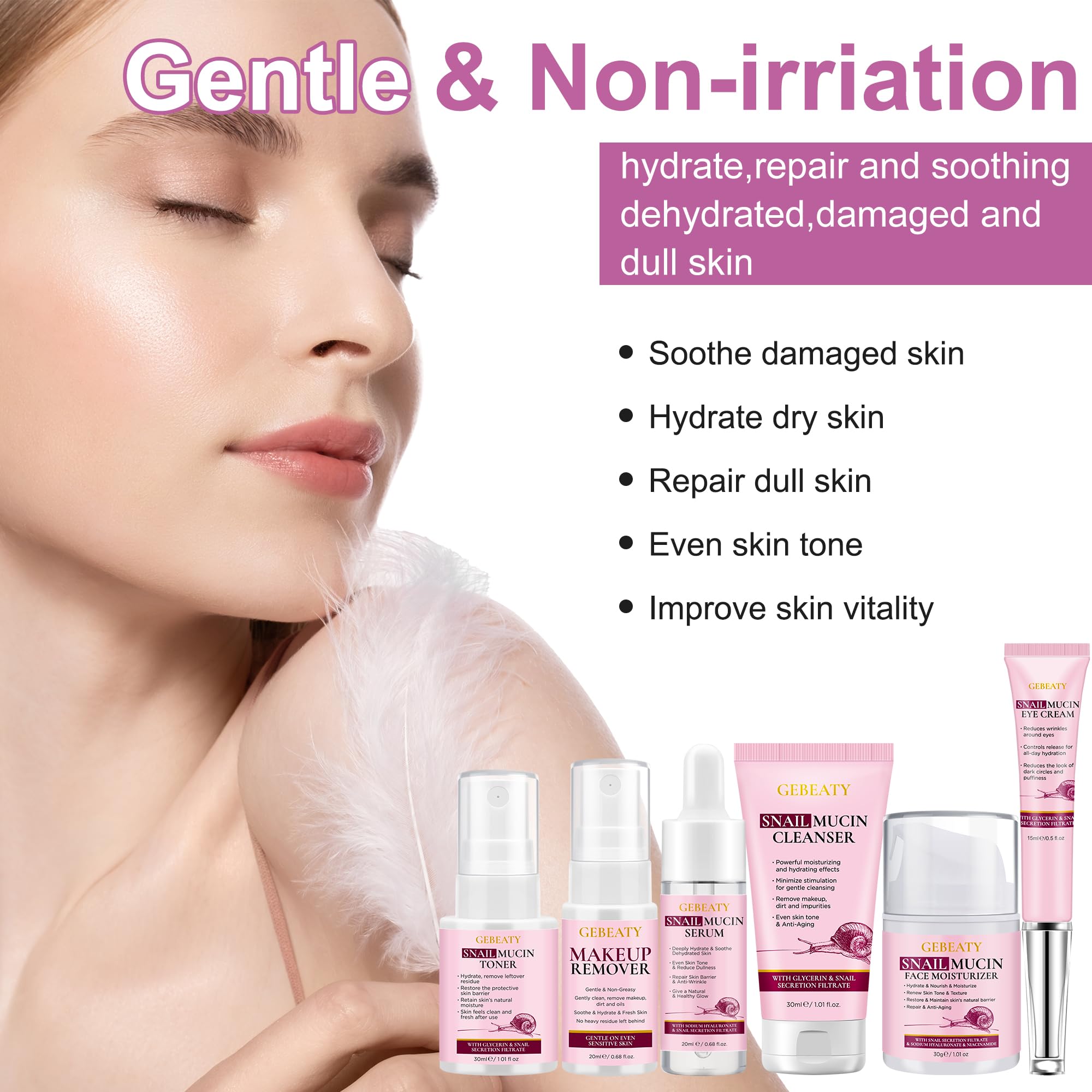 GEBEATY snail mucin serum targets hydration with lightweight application for smooth skin.