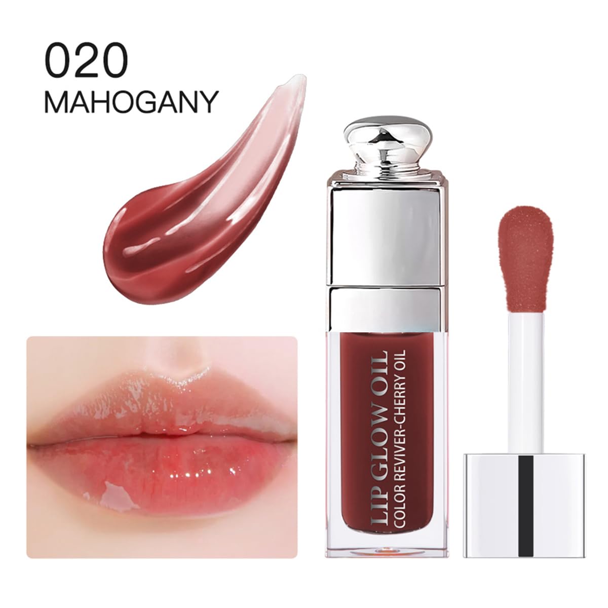 GECOMO Lip Glow Oil Mahogany tint swirl showing rich color and shimmer.