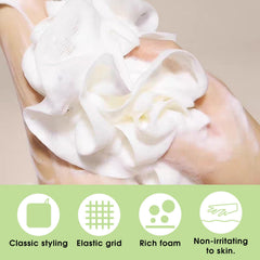 GEDEUBAN loofah pouch with adjustable drawstring secures soap during use.