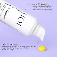 Geek & Gorgeous A-Game retinal serum bottle close-up highlights silky texture for smoother skin