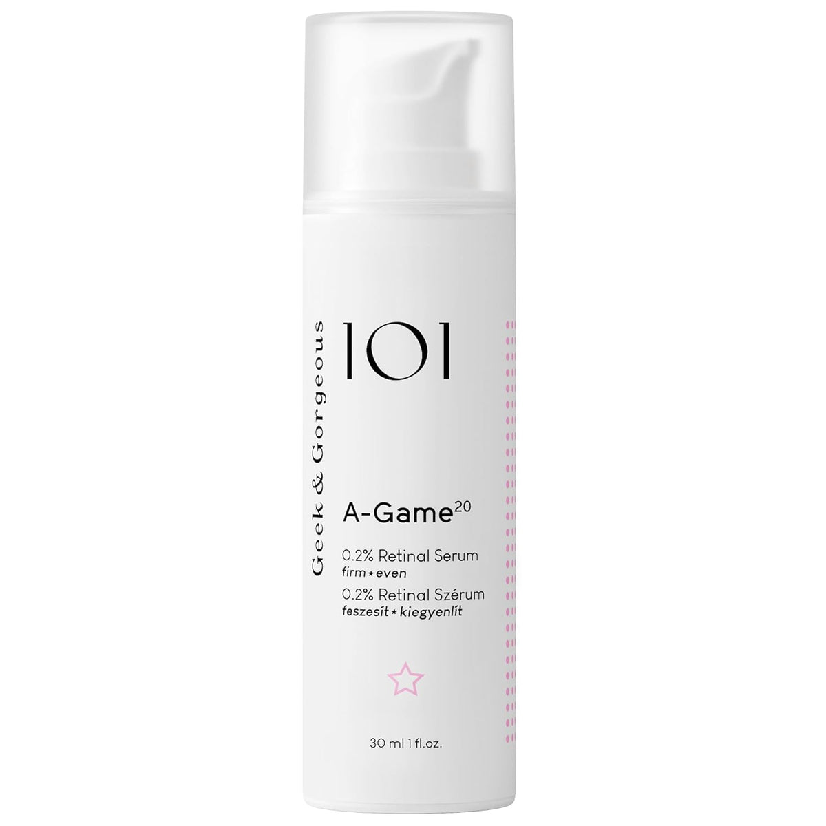 Geek & Gorgeous A-Game 20 bottle-front highlights refined texture for retinoid users