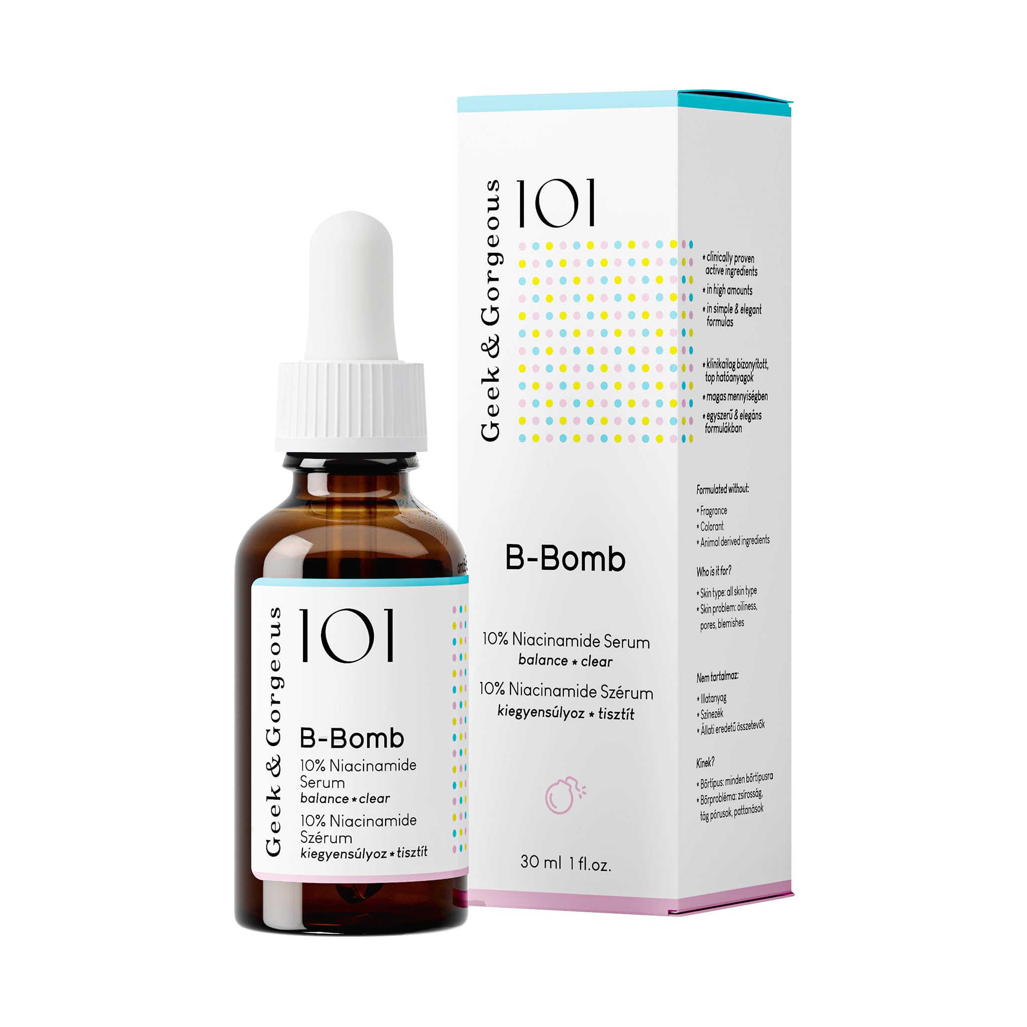 Geek and Gorgeous B-Bomb serum bottle highlights a lightweight formula for oily and combination skin.