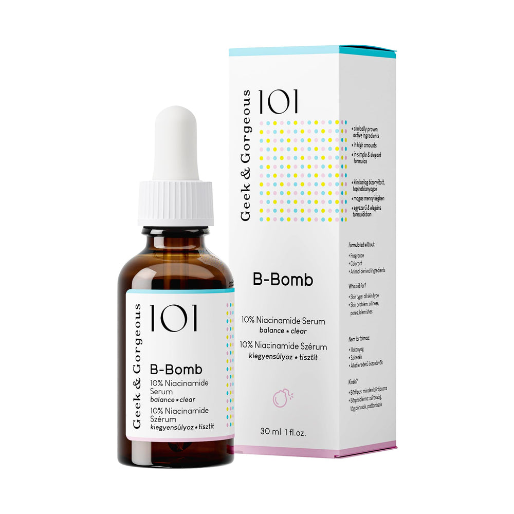 Geek and Gorgeous B-Bomb serum bottle highlights a lightweight formula for oily and combination skin.