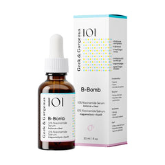 Geek and Gorgeous B-Bomb serum bottle highlights a lightweight formula for oily and combination skin.