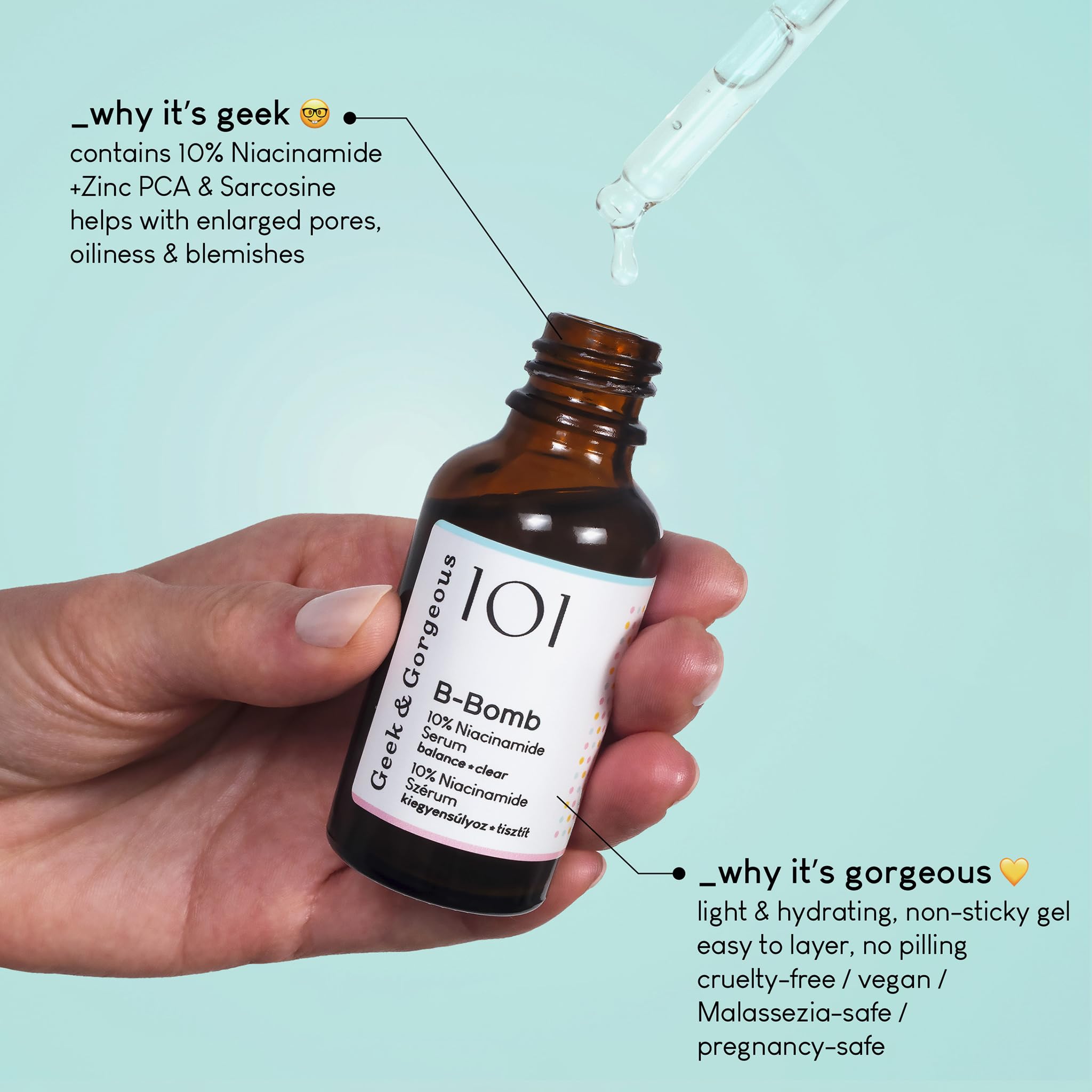 Geek and Gorgeous B-Bomb shot suggests a minimal routine for pore control.