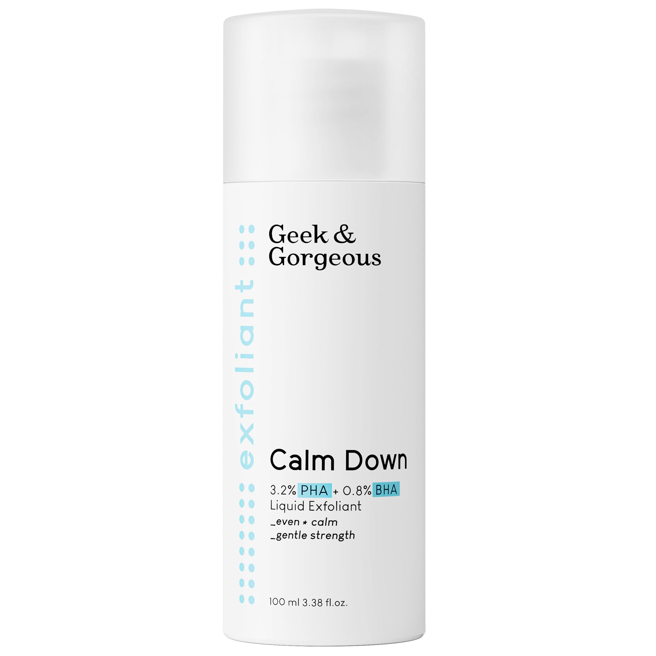 Geek & Gorgeous Calm Down bottle close-up highlighting gentle exfoliation for sensitive skin
