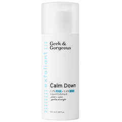 Geek & Gorgeous Calm Down bottle close-up highlighting gentle exfoliation for sensitive skin