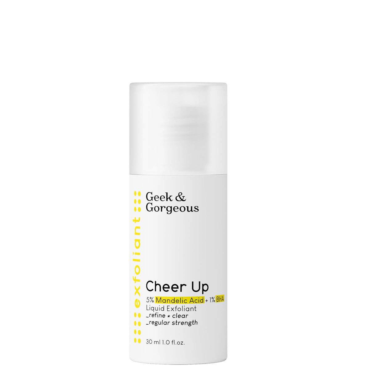 Geek & Gorgeous Cheer Up bottle pour showing smooth exfoliation for clearer pores.