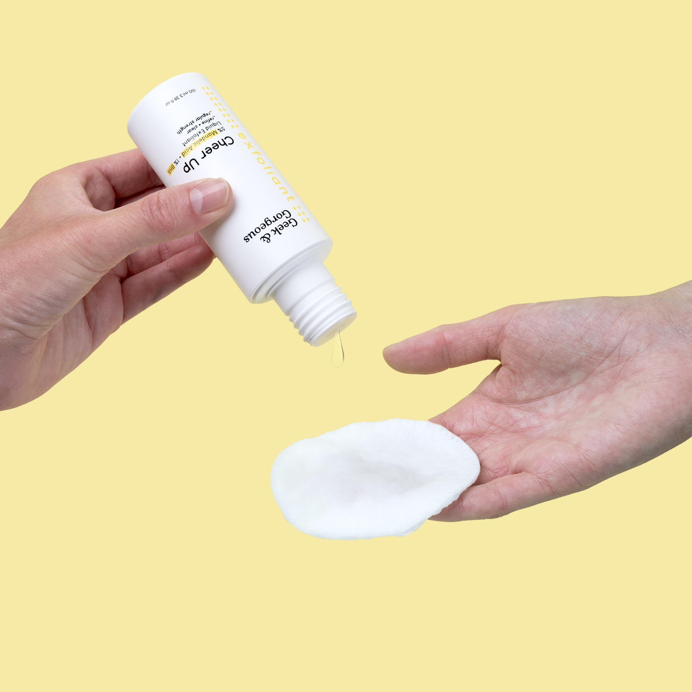 Geek & Gorgeous Cheer Up bottle pour demonstrates an easy skincare routine.