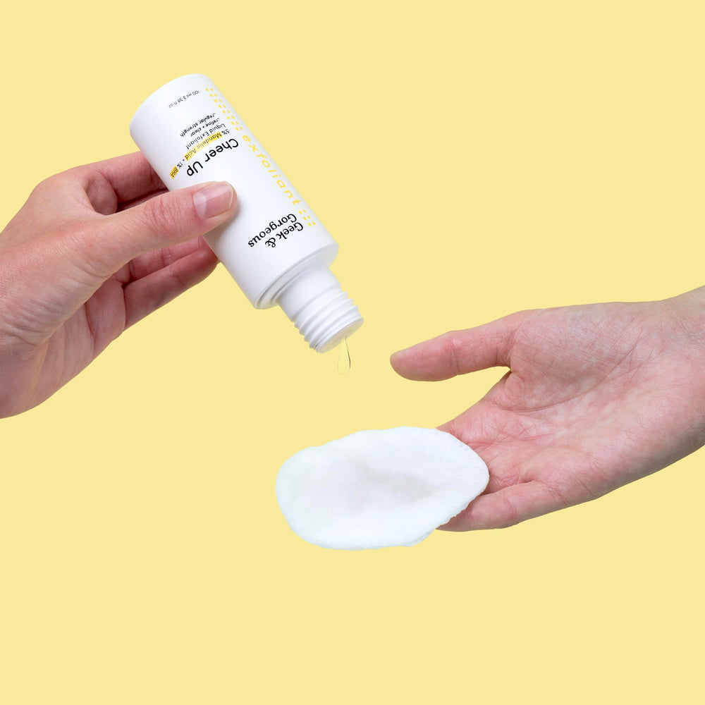 Geek & Gorgeous Cheer Up bottle pour demonstrates an easy skincare routine.