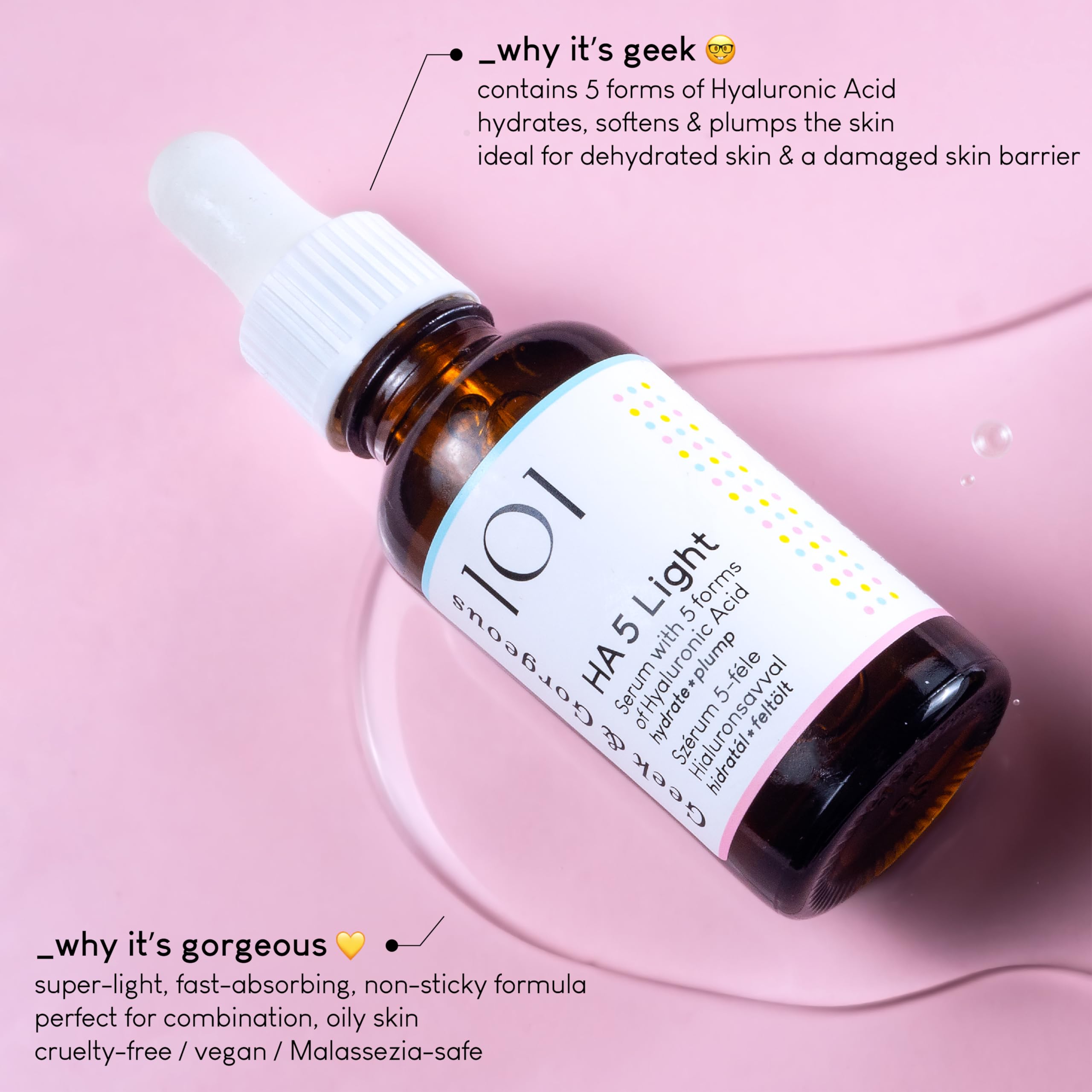 Geek & Gorgeous HA5 Light infographic highlighting five forms of hyaluronic acid for multi-layer hydration.
