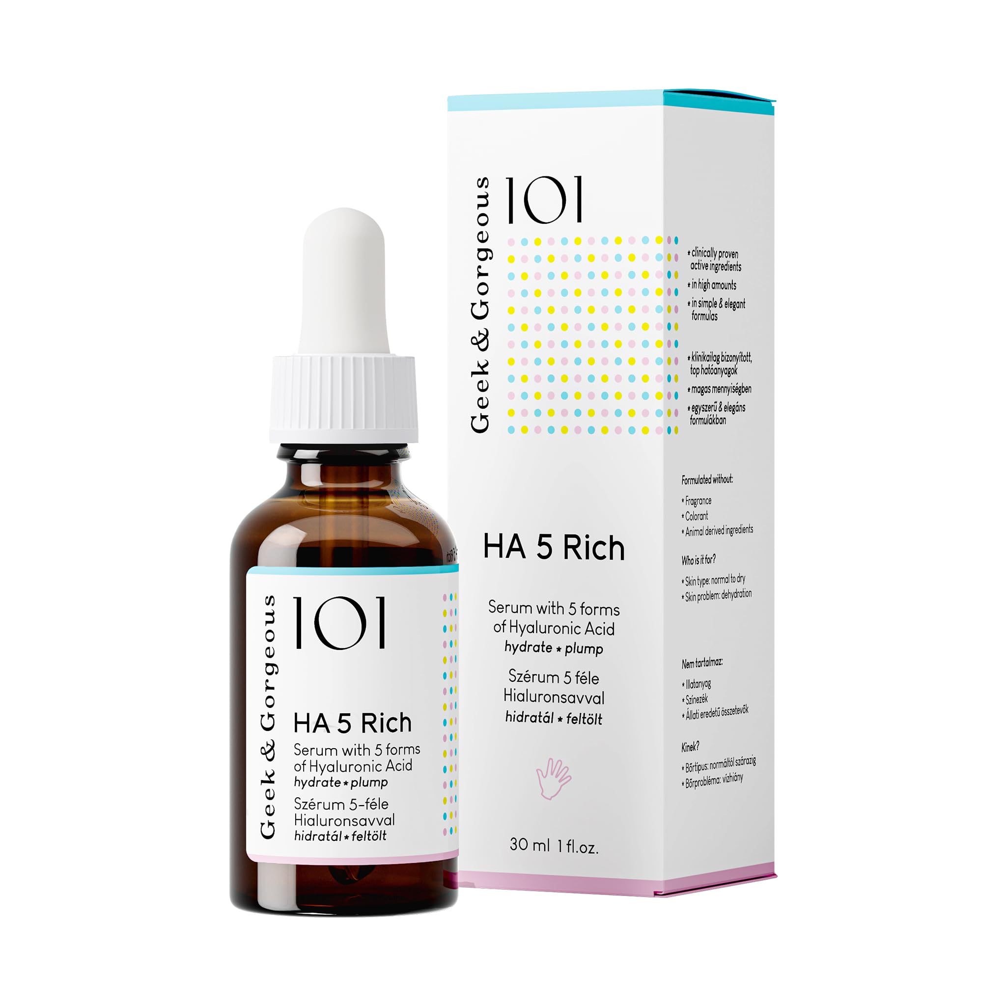 Geek & Gorgeous HA 5 Rich serum bottle closeup, emphasizing hydration for dry skin.