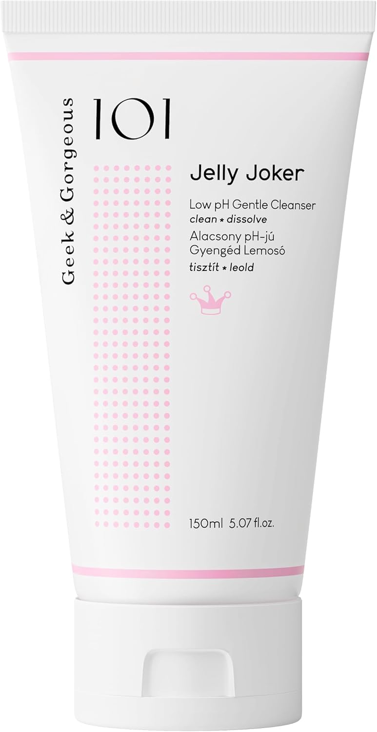 Geek & Gorgeous Jelly Joker bottle closeup highlighting gentle cleanser for sensitive skin.