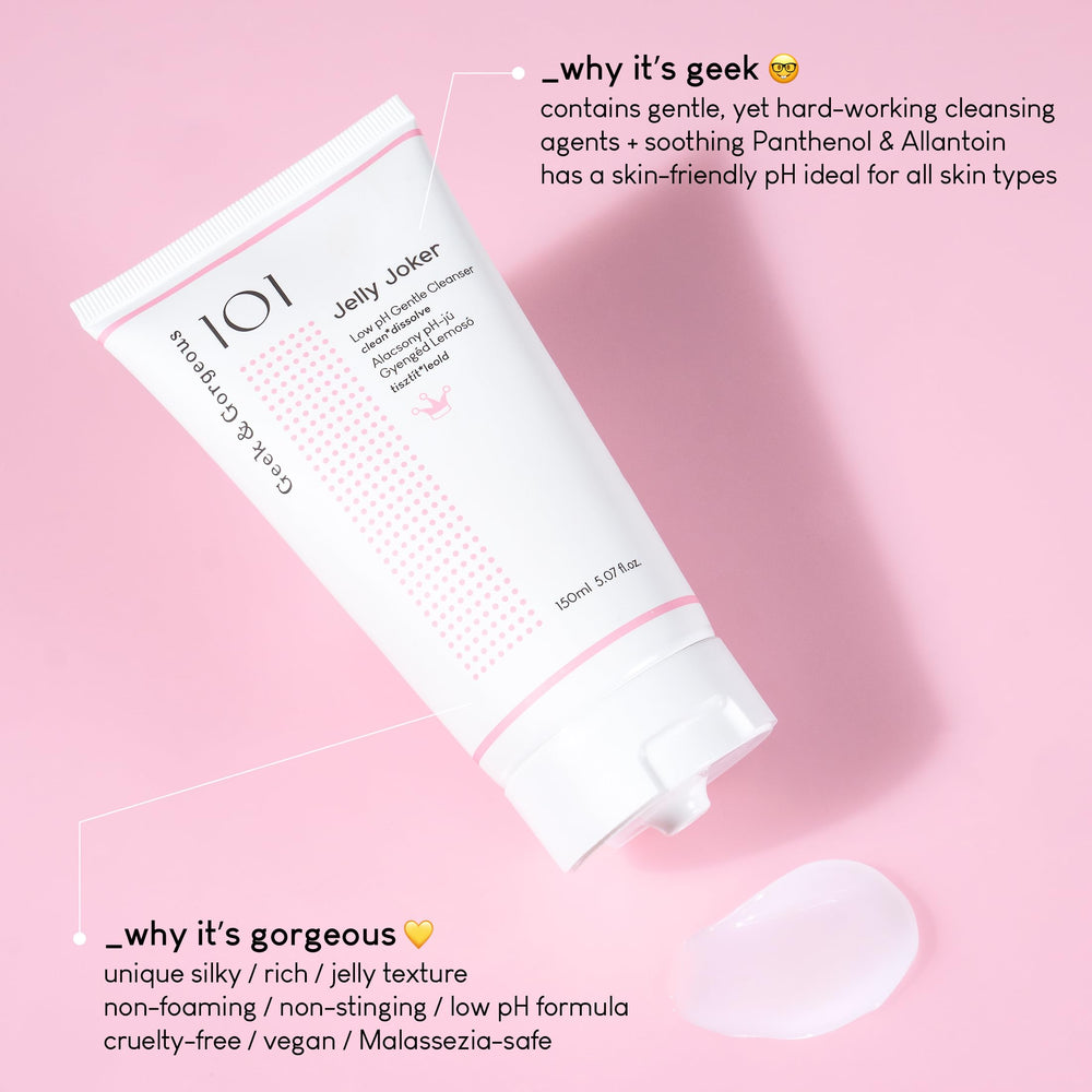 Geek & Gorgeous Jelly Joker eye-area application demonstrates safe, non-foaming cleansing near the eyes.