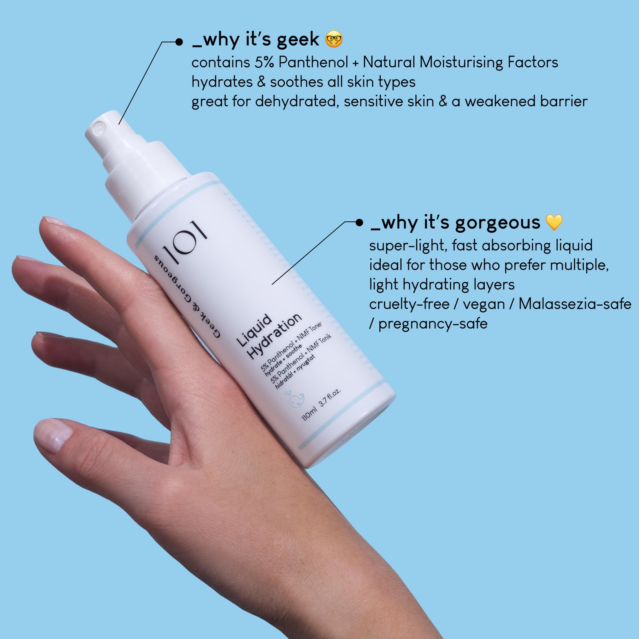 Geek & Gorgeous Liquid Hydration application on wrist showing a soothing mist for quick refresh