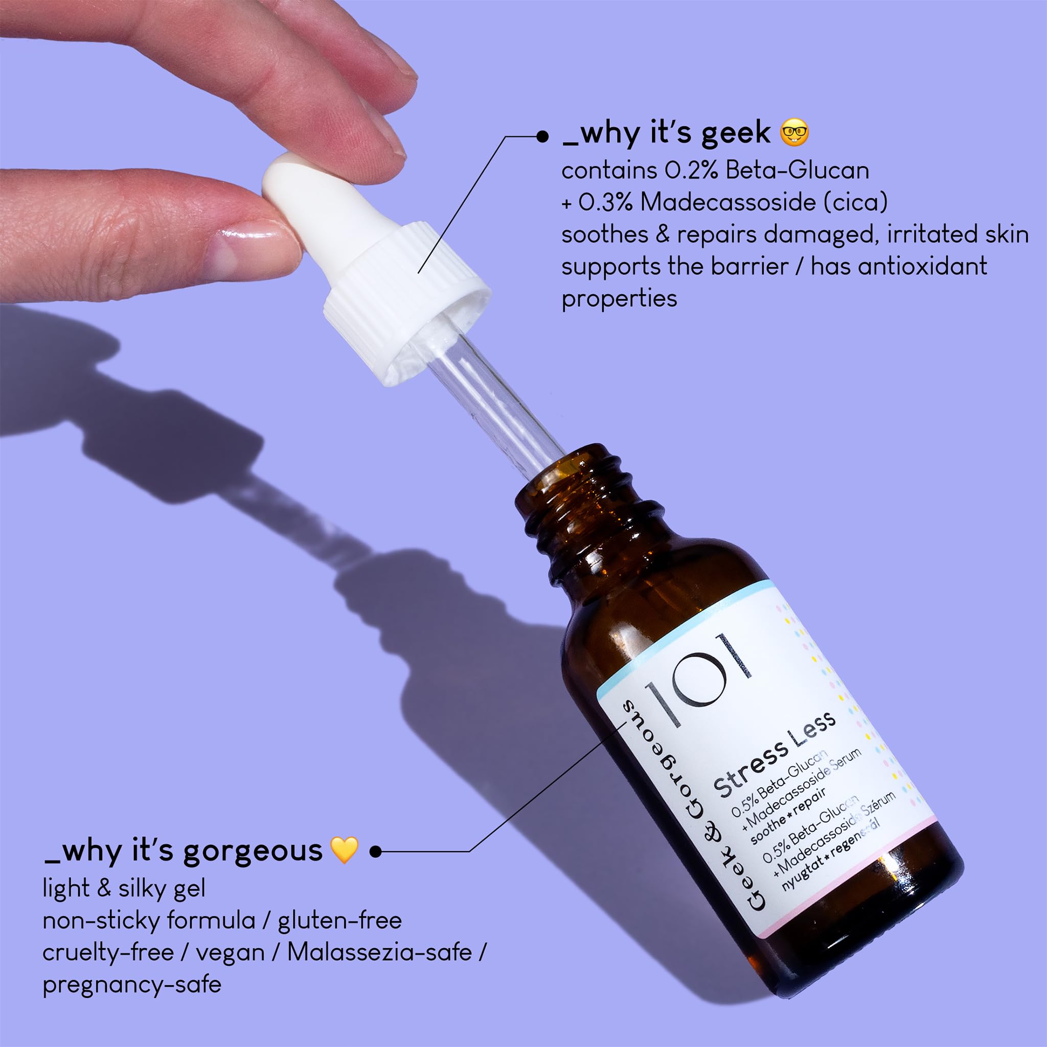 Geek & Gorgeous Stress Less being applied to the face for lightweight soothing care.