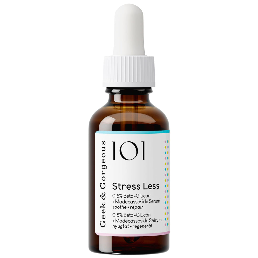 Geek & Gorgeous Stress Less highlighted ingredients beta glucan and madecassoside.