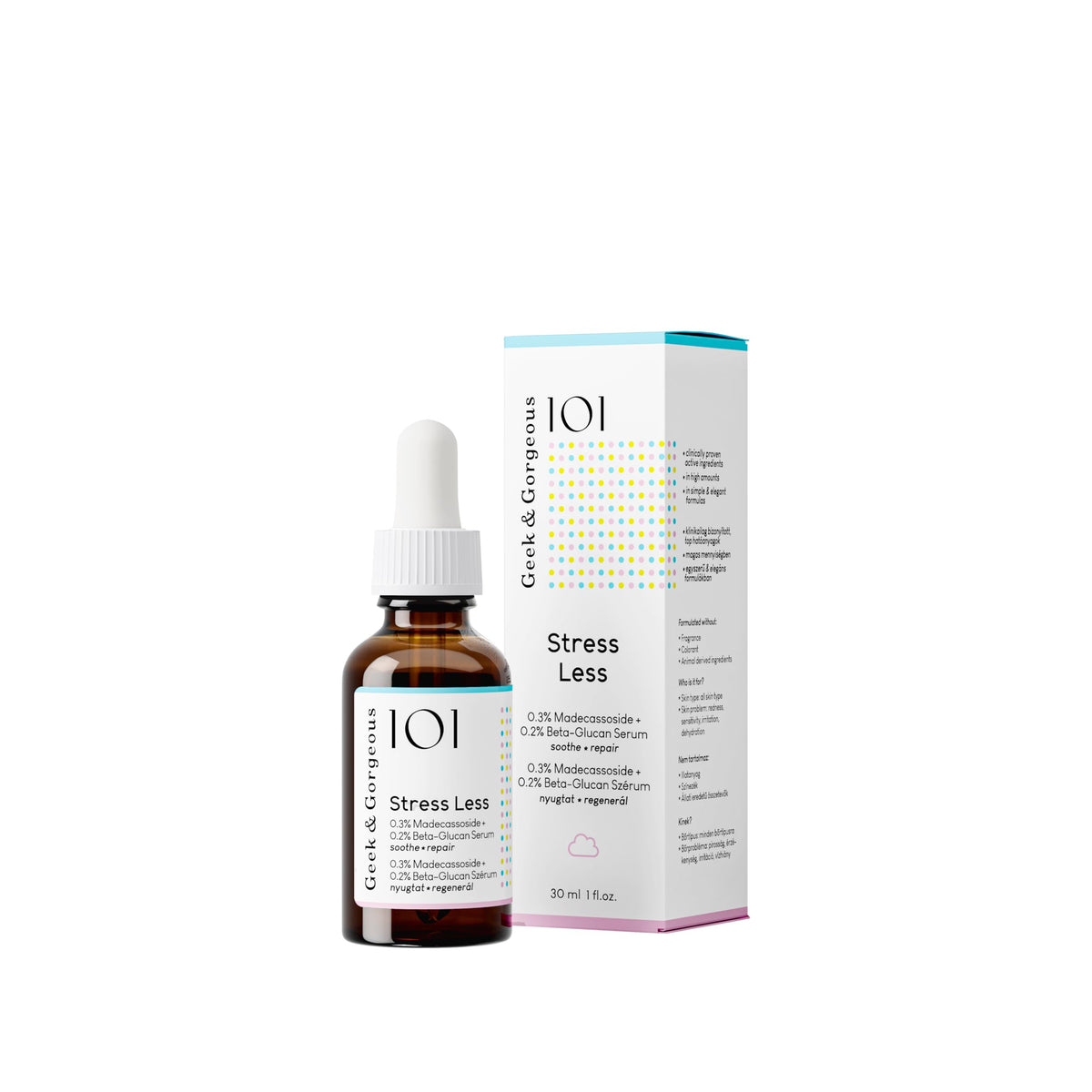 Geek & Gorgeous Stress Less bottle closeup showing silky gel texture for calming hydration.