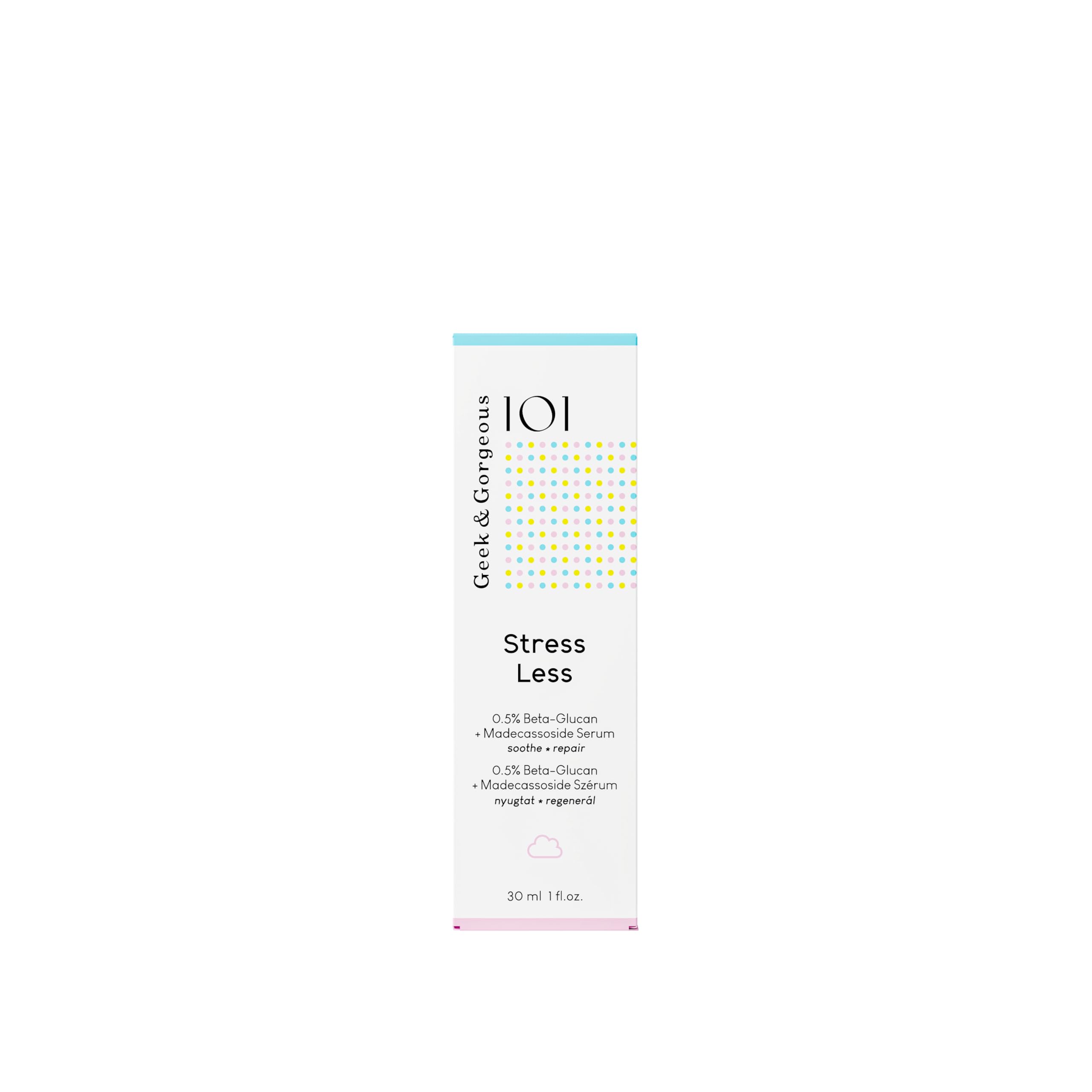 Minimalist packaging for Geek & Gorgeous Stress Less skincare line.