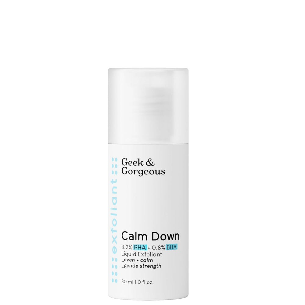 Geek & Gorgeous Calm Down bottle shown for gentle exfoliation and skincare routine