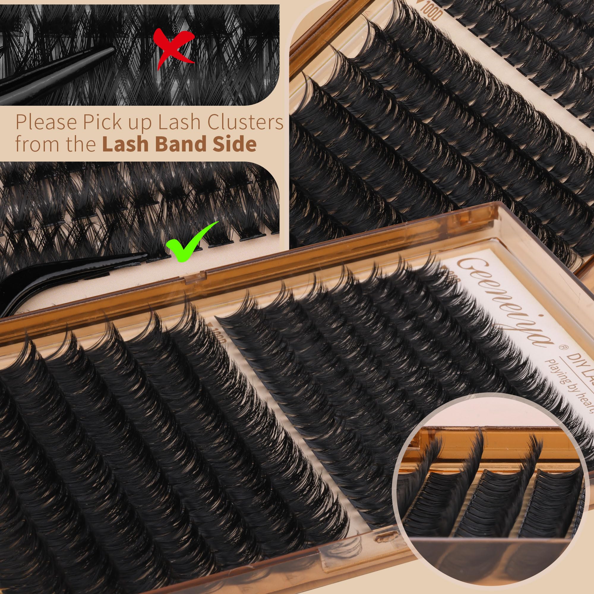 Geeneiya 10mm clusters for eye corners and bottom lashes.