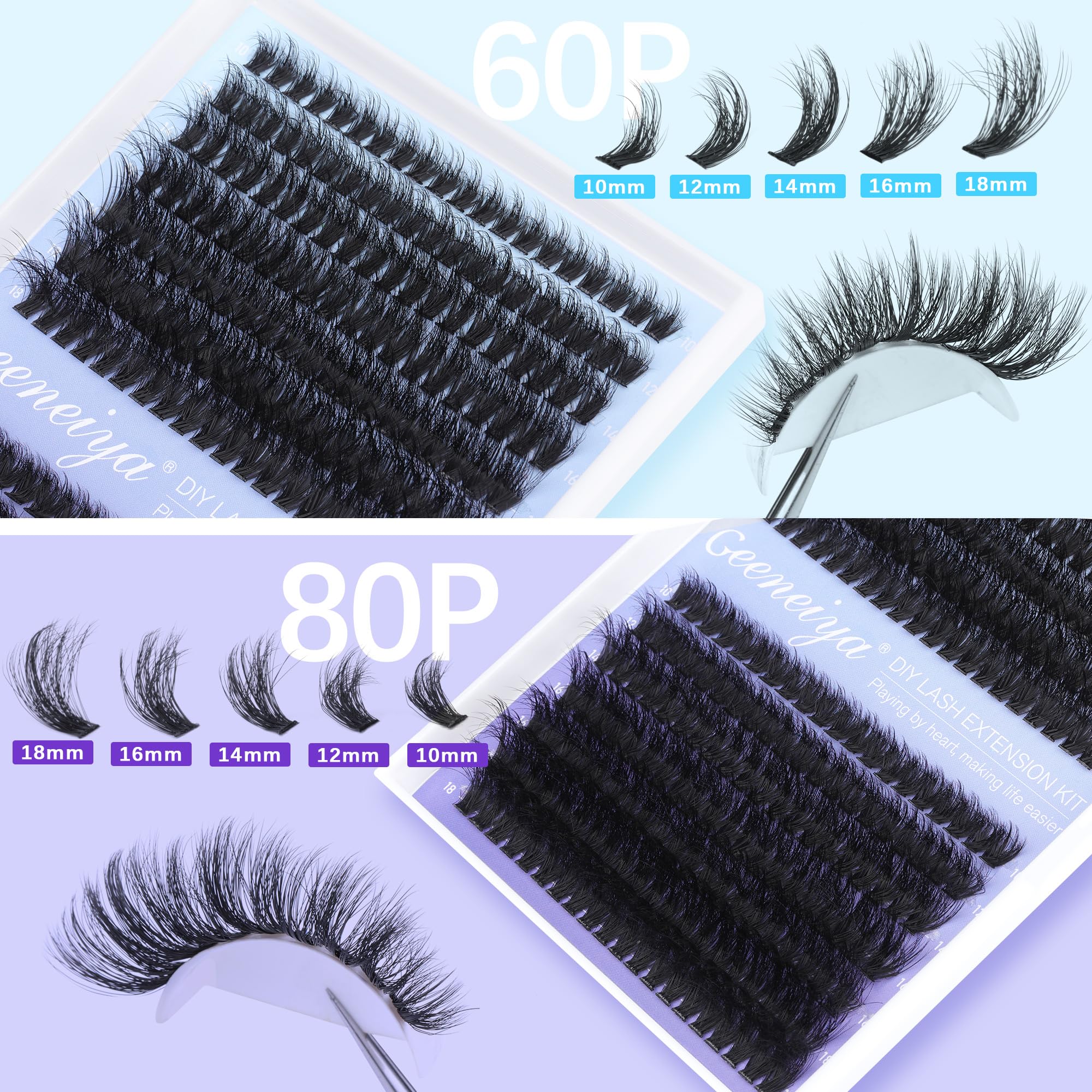 Geeneiya 60d-80d lash clusters with wider band for denser appearance