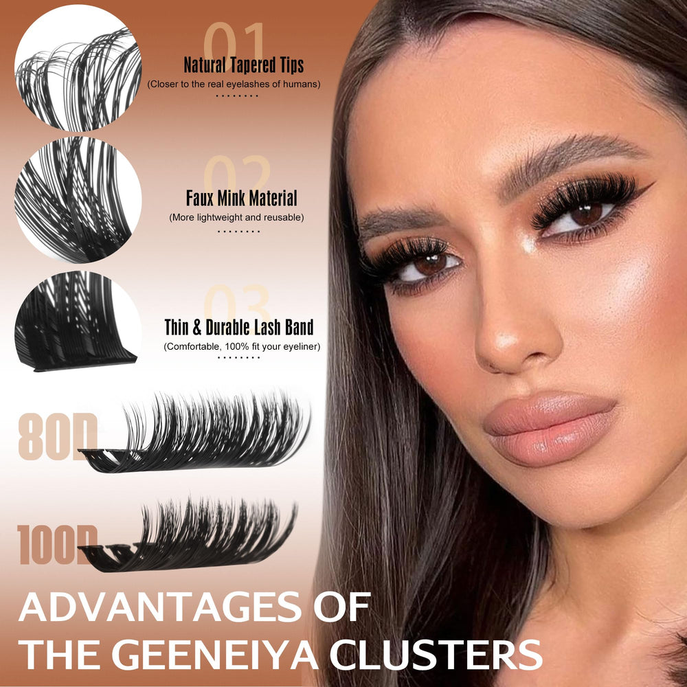 Geeneiya 80D+100D cluster lashes deliver fuller-looking volume.