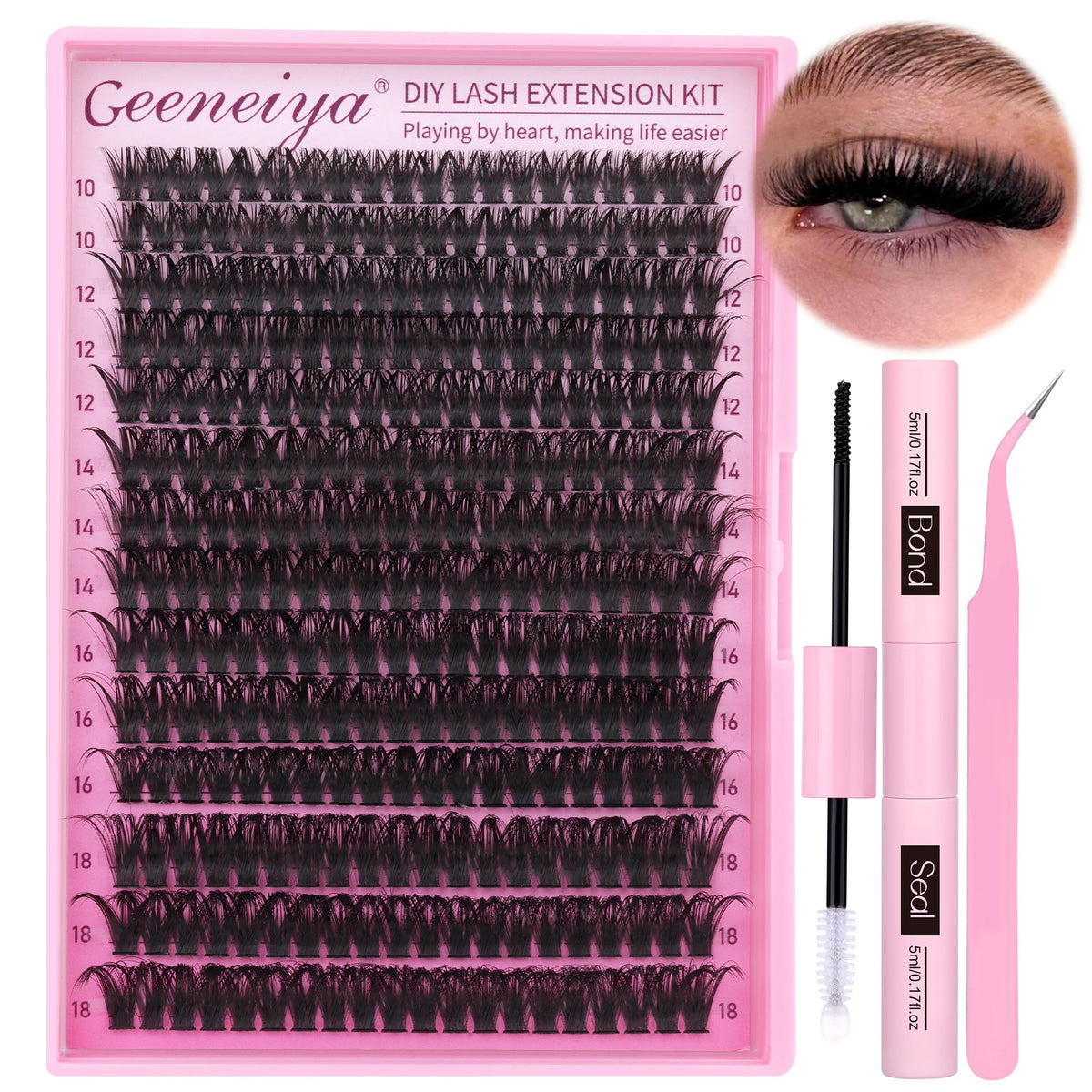 Geeneiya kit contents with clusters, bond, seal, and tweezers for at-home lash DIY