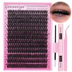 Geeneiya kit contents with clusters, bond, seal, and tweezers for at-home lash DIY