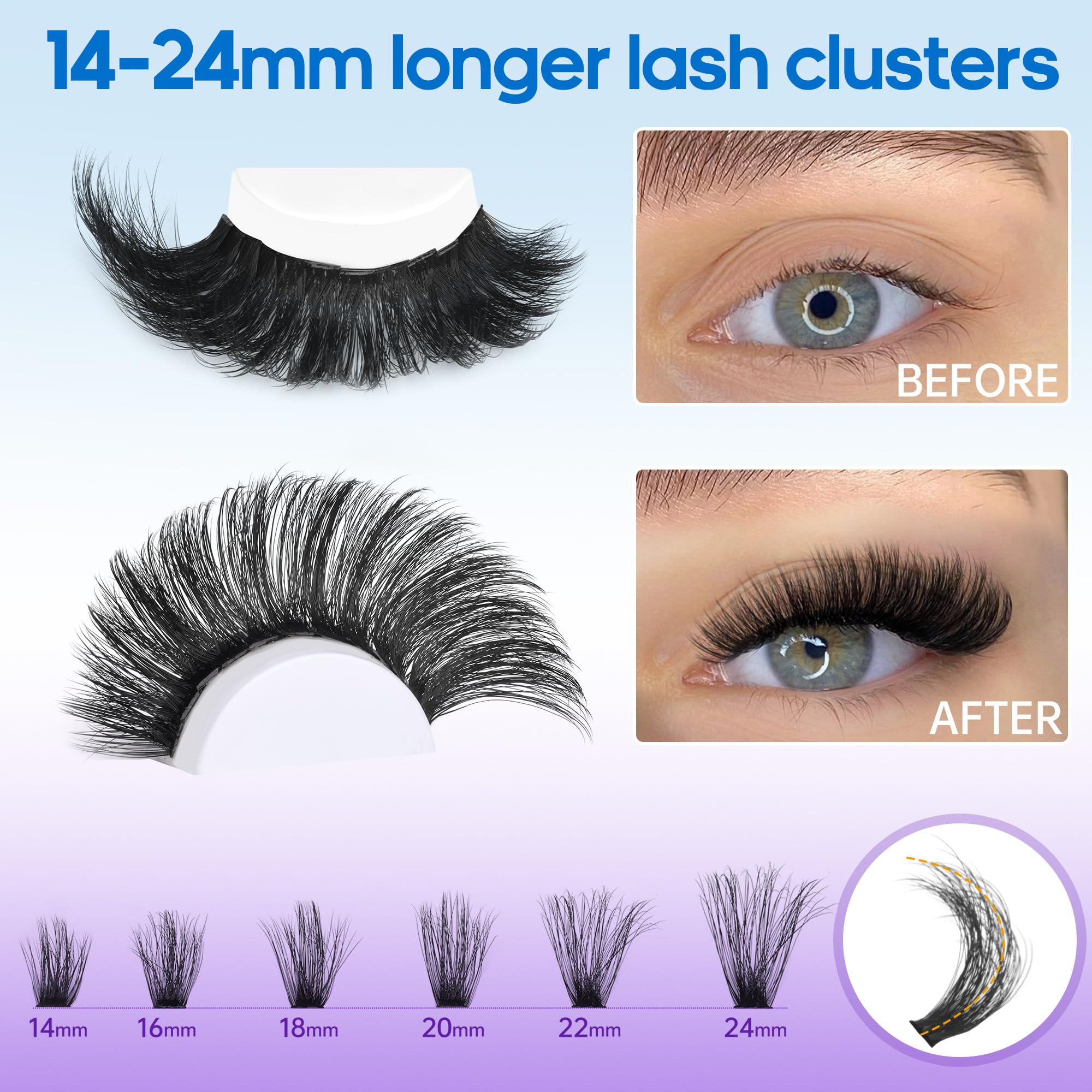 Geeneiya long-cluster-lashes 14-24mm for dramatic volume at home