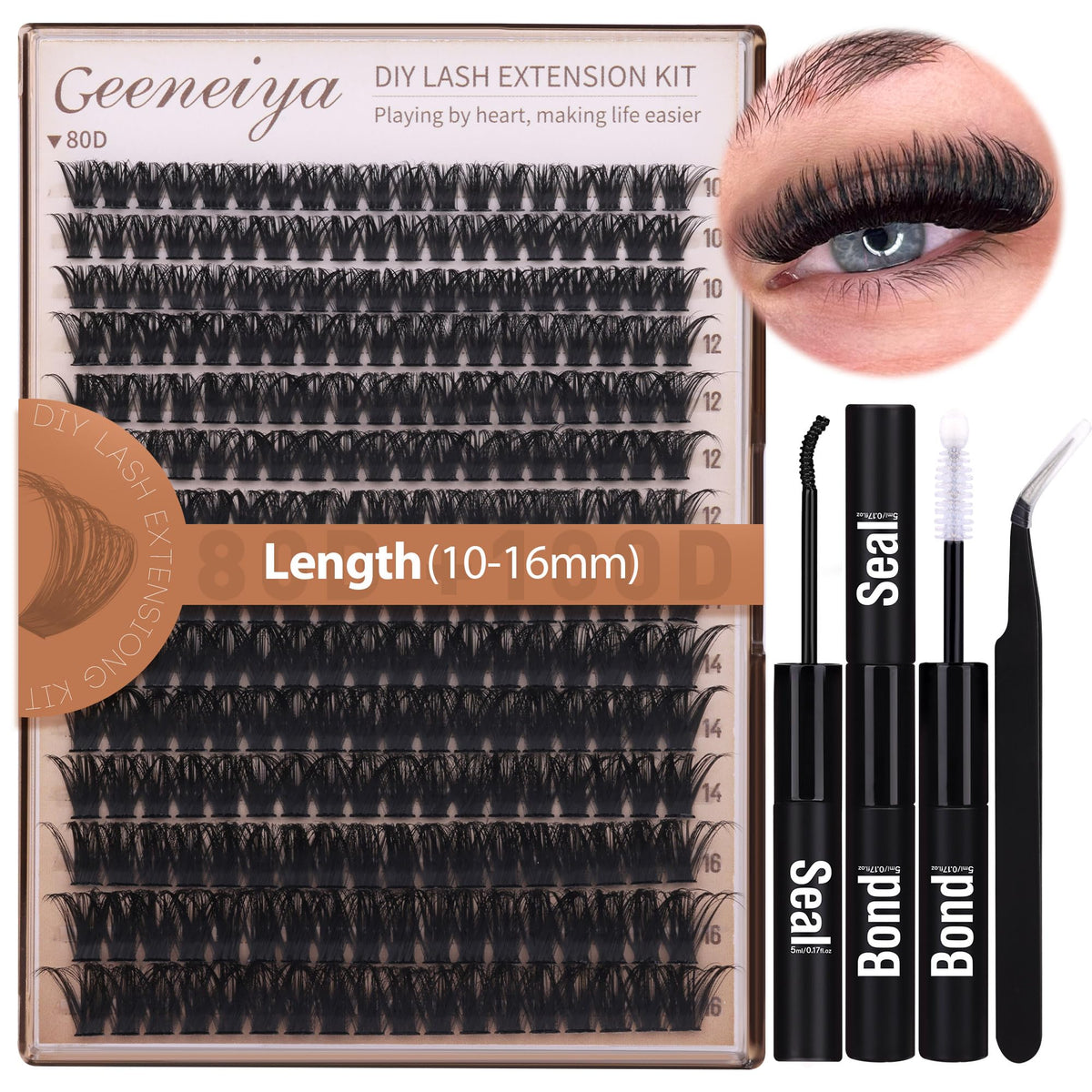 Geeneiya volume lash clusters kit 10-16mm close-up for easy at-home lash extensions.