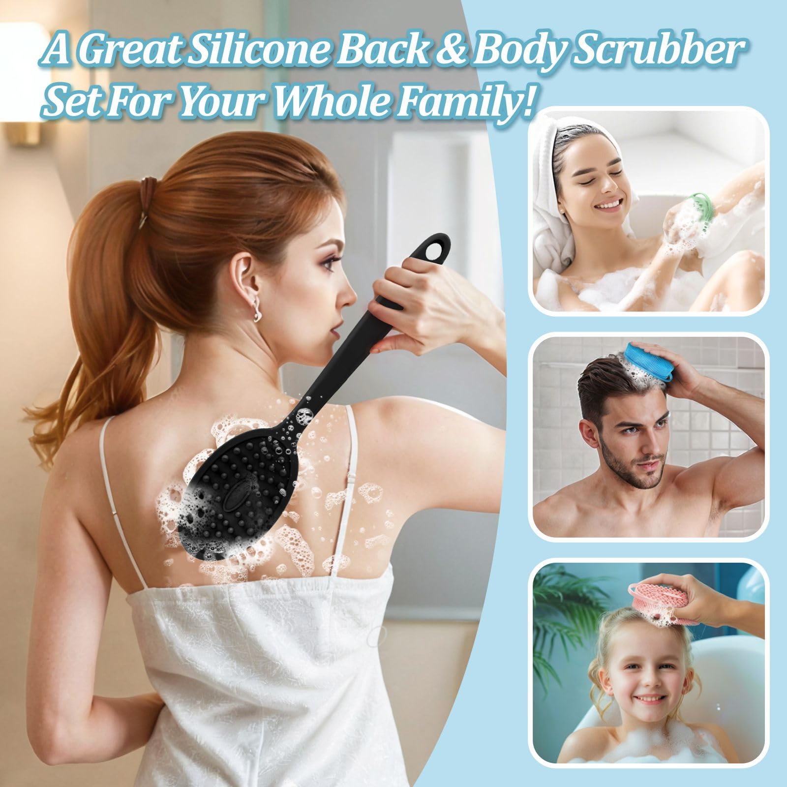 GEENOA back scrubber set includes back scrubber, bath glove, and free hook for convenience.