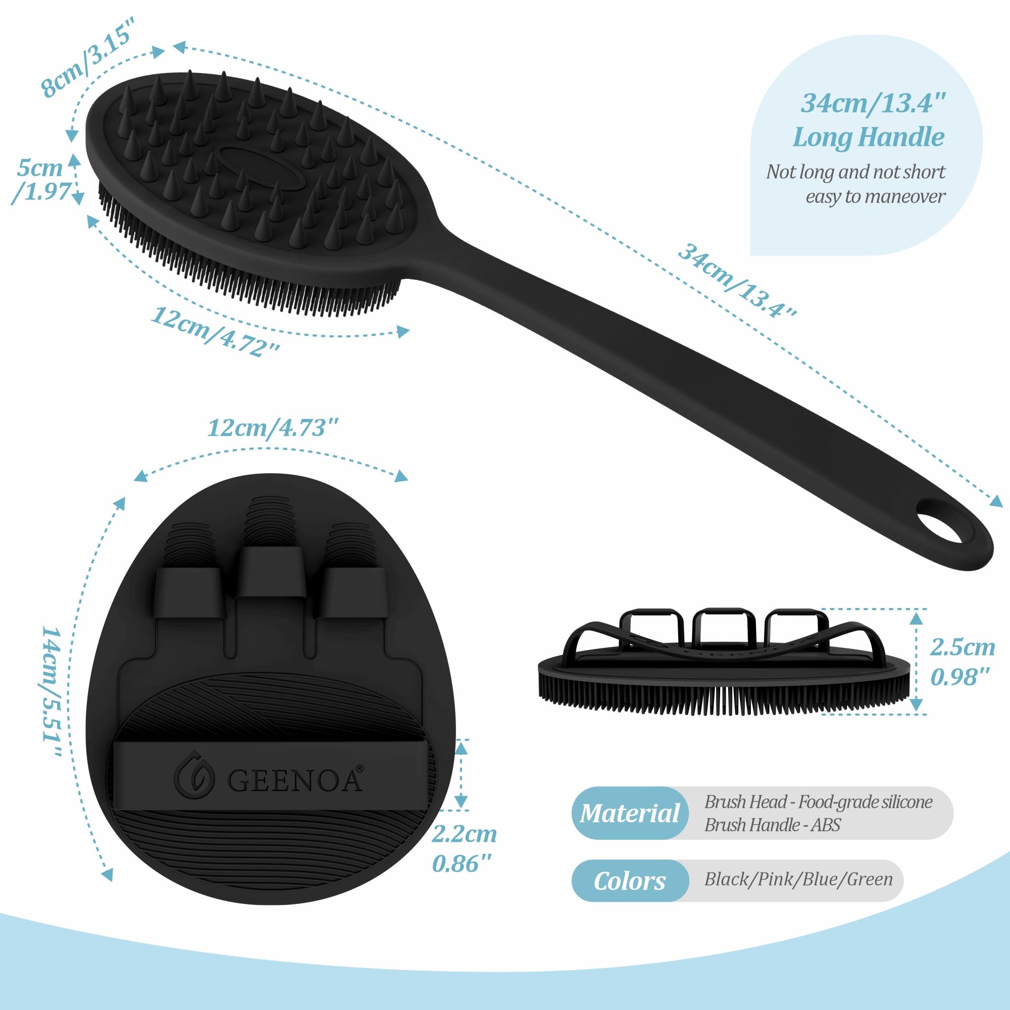 GEENOA silicone back scrubber dual-side bristles for lathering and targeted body scrubbing.