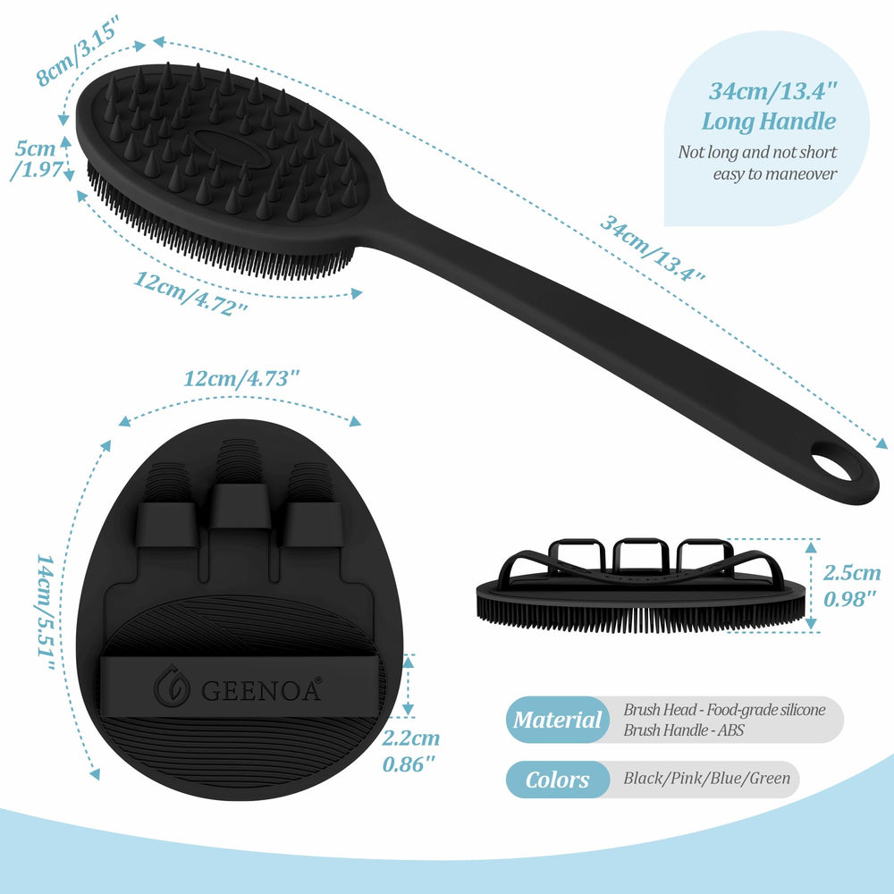 GEENOA silicone back scrubber dual-side bristles for lathering and targeted body scrubbing.