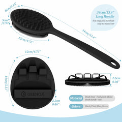 GEENOA silicone back scrubber dual-side bristles for lathering and targeted body scrubbing.