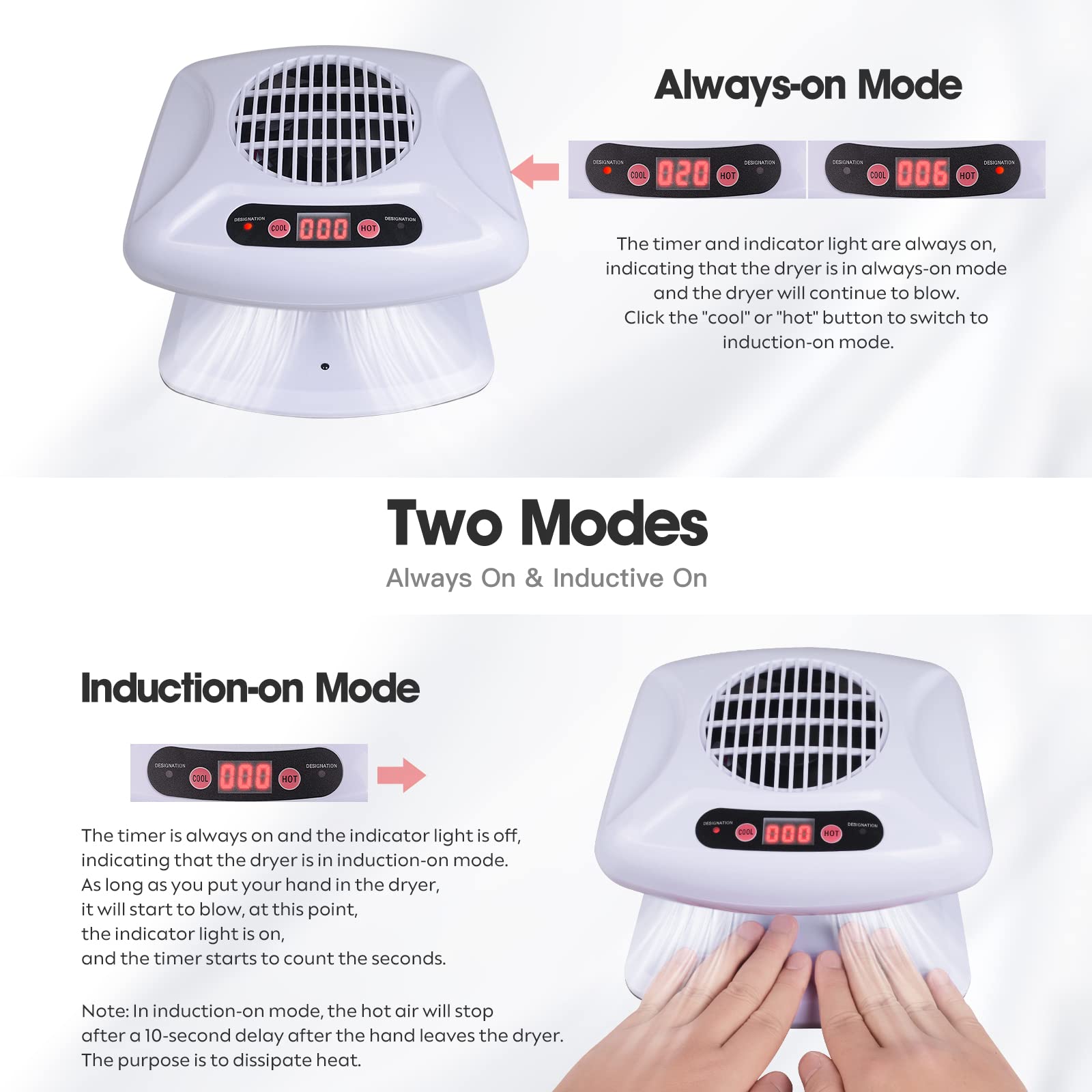 Gegong Air Nail Dryer hands inside demonstrates sensor-activated, hands-free drying